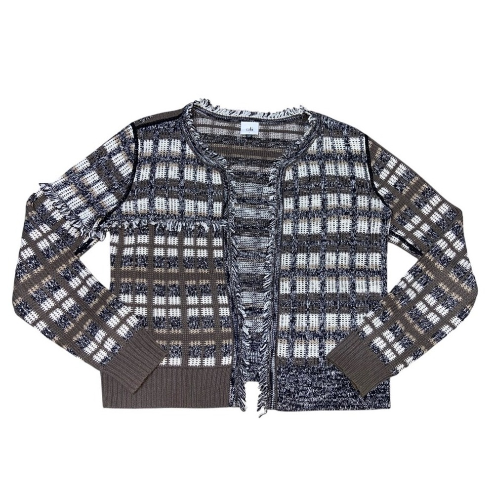 Cabi Woman Fringe Cardigan Sweater Knit Plaid Brown‎ White Open Front Size Small